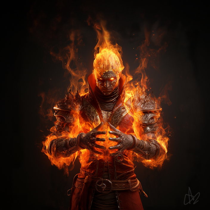 A portrait of a Genasai (half fire genie)
