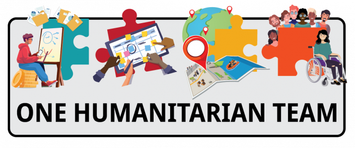 cartoon of people and jigsaw pieces with a heading of One Humanitarian