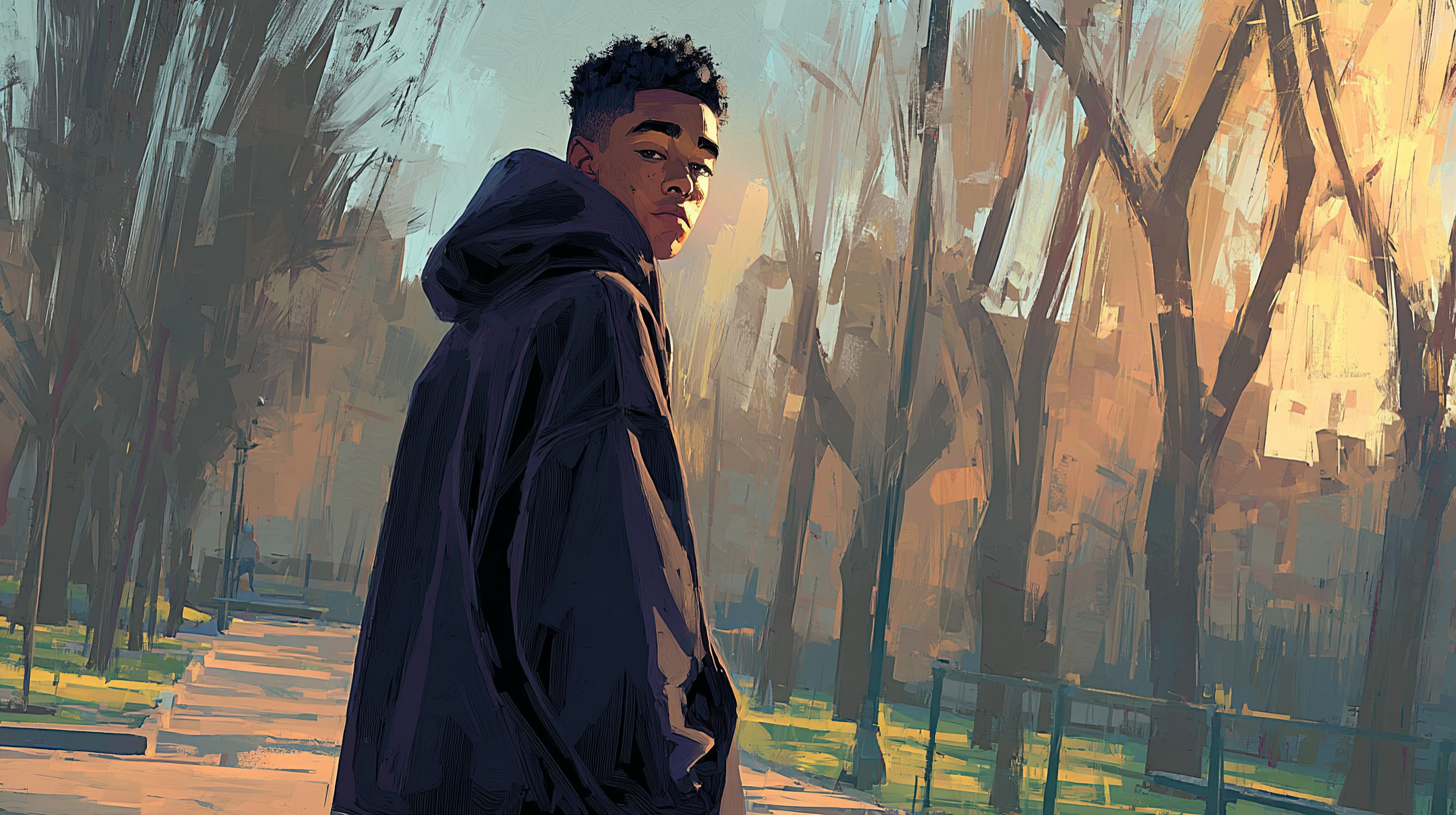 Illustration of a young person standing outdoors