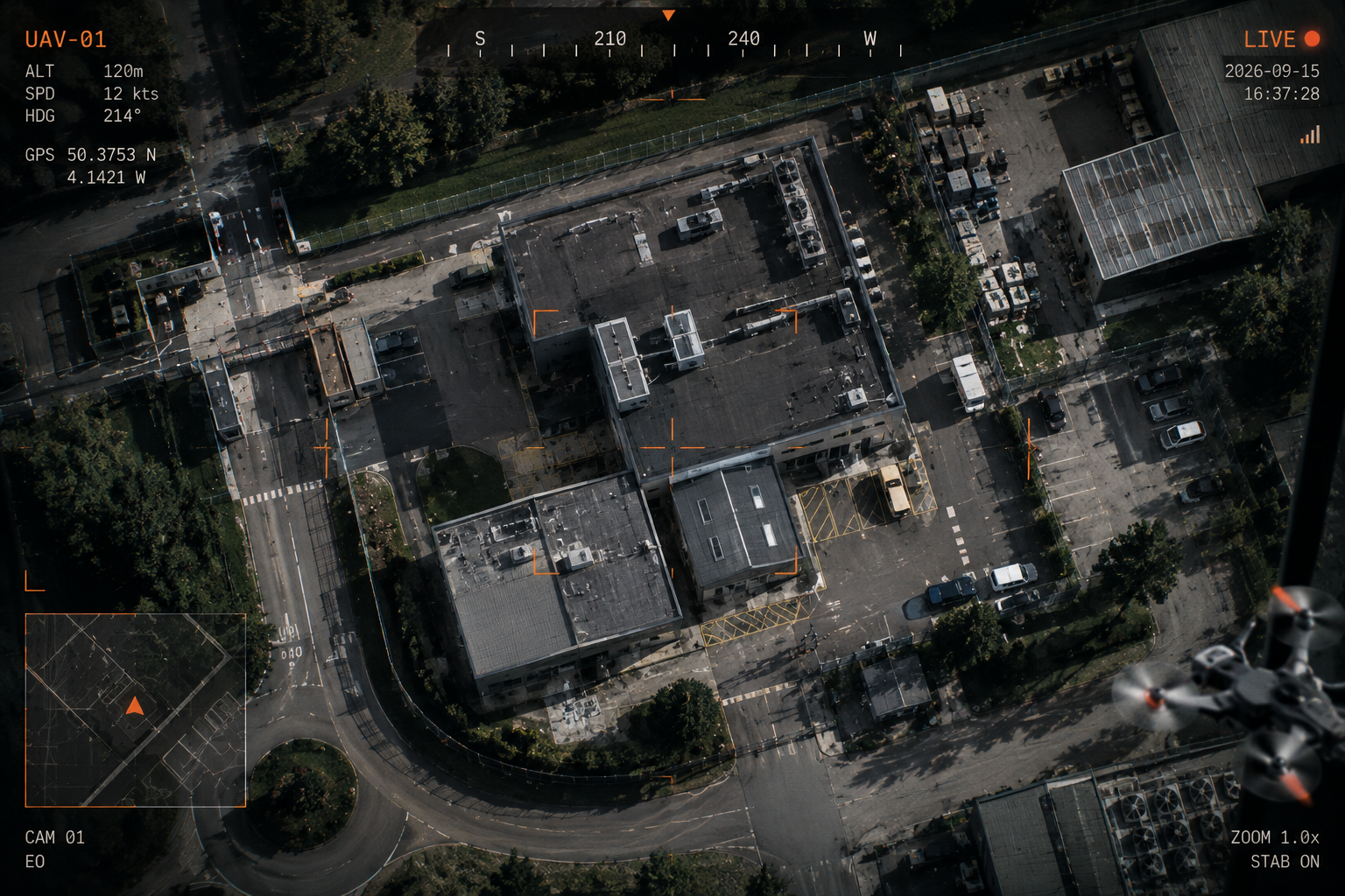 Top-down aerial view used to explore observations around a drone sighting.